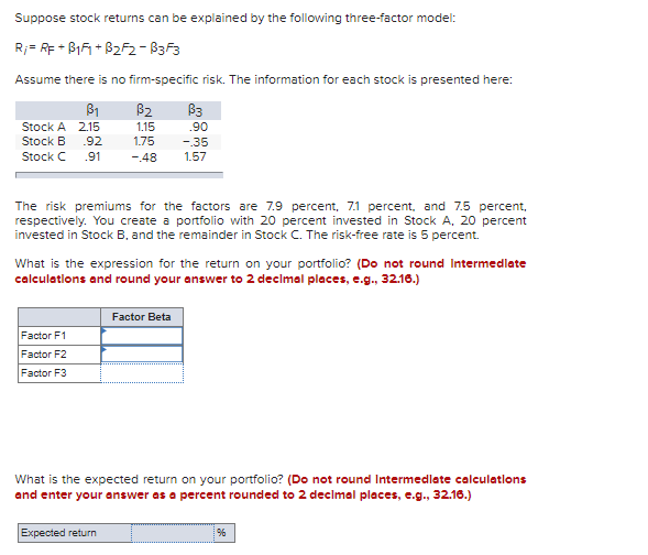 Suppose stock returns can be explained by the following three-factor model: