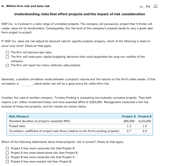 6. Within-firm risk and beta risk Understanding risks that affect projects