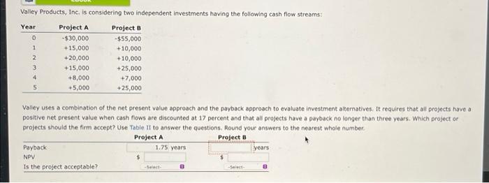 please answer quickly for thumbs up Valley Products, Inc. is considering two