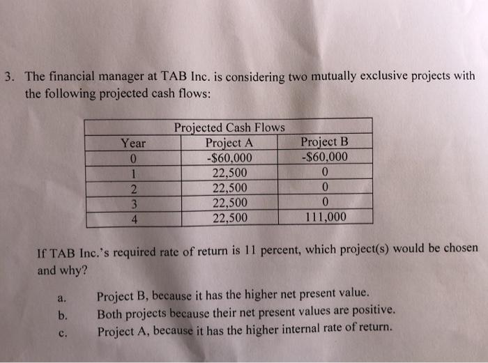 3. The financial manager at TAB Inc. is considering two mutually