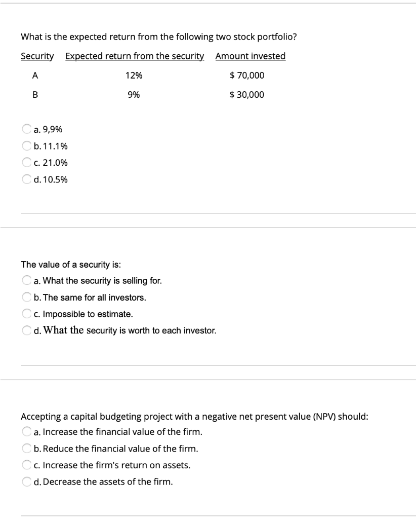 What is the expected return from the following two stock portfolio?