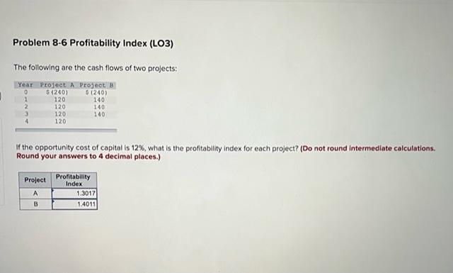 Please need help for these questions Problem 8.6 Profitability Index (L03) The