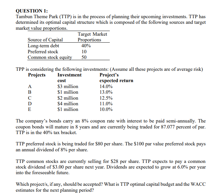 QUESTION 1: Tambun Theme Park (TTP) is in the process of