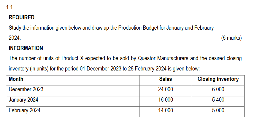 REQUIRED Study the information given below and draw up the Production