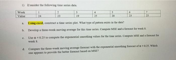  1) Consider the following time series data Week Value 1 24