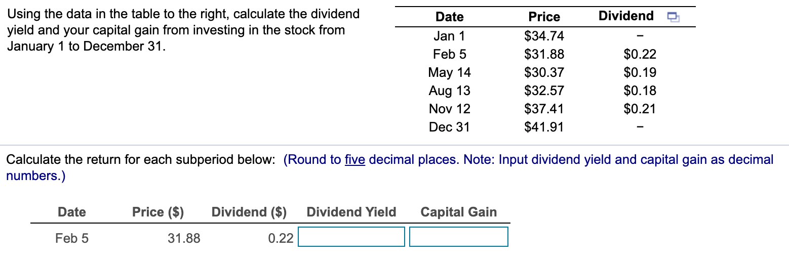  Dividende Using the data in the table to the right, calculate
