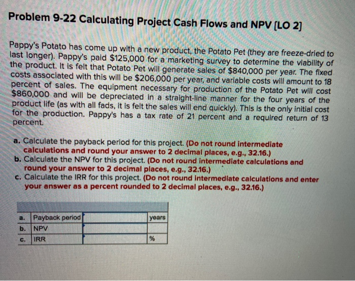  Problem 9-22 Calculating Project Cash Flows and NPV (LO 2] Pappy's
