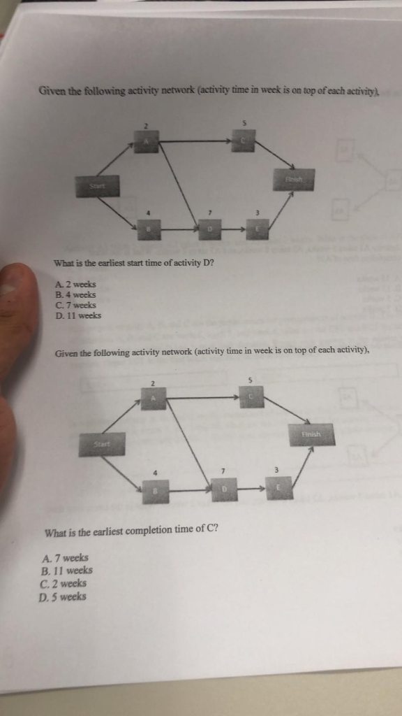 Given the following activity network (activity time in week is on