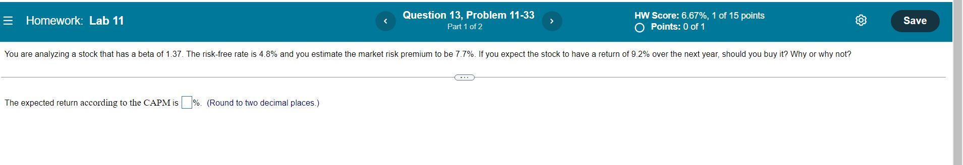  = Homework: Lab 11 Question 13, Problem 11-33 Part 1 of