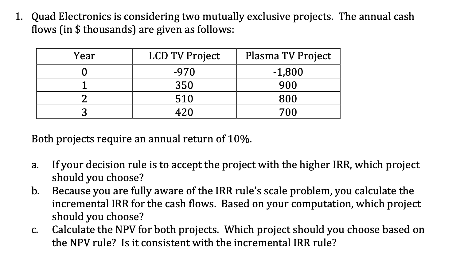 1. Quad Electronics is considering two mutually exclusive projects. The annual
