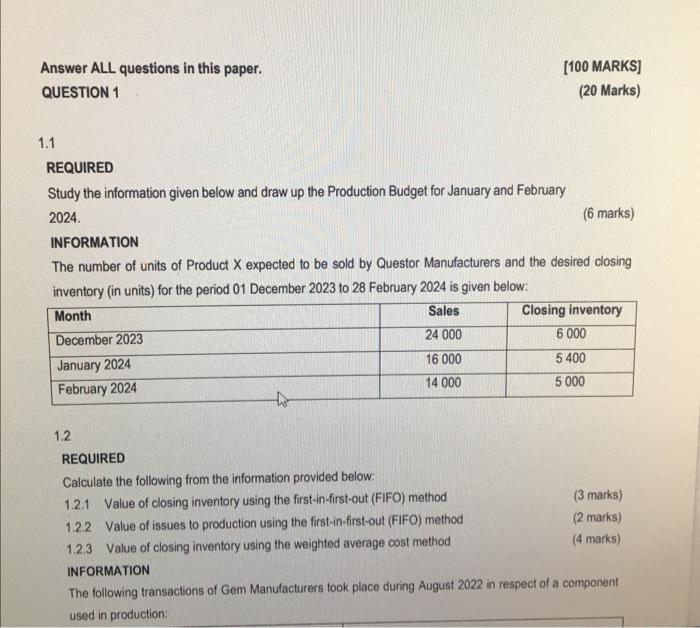  Answer ALL questions in this paper. [100 MARKS] QUESTION 1 (20