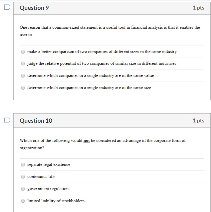  Question 9 1 pts One reason that a common-sized statement is
