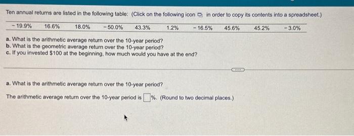  a. What is the arithmetic average return over the 10 -year