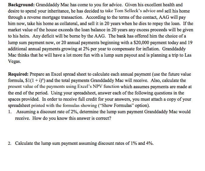 Background: Granddaddy Mac has come to you for advice. Given his