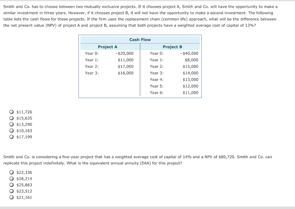  Smith and Co. has to choose between two mutually exclusive projects.