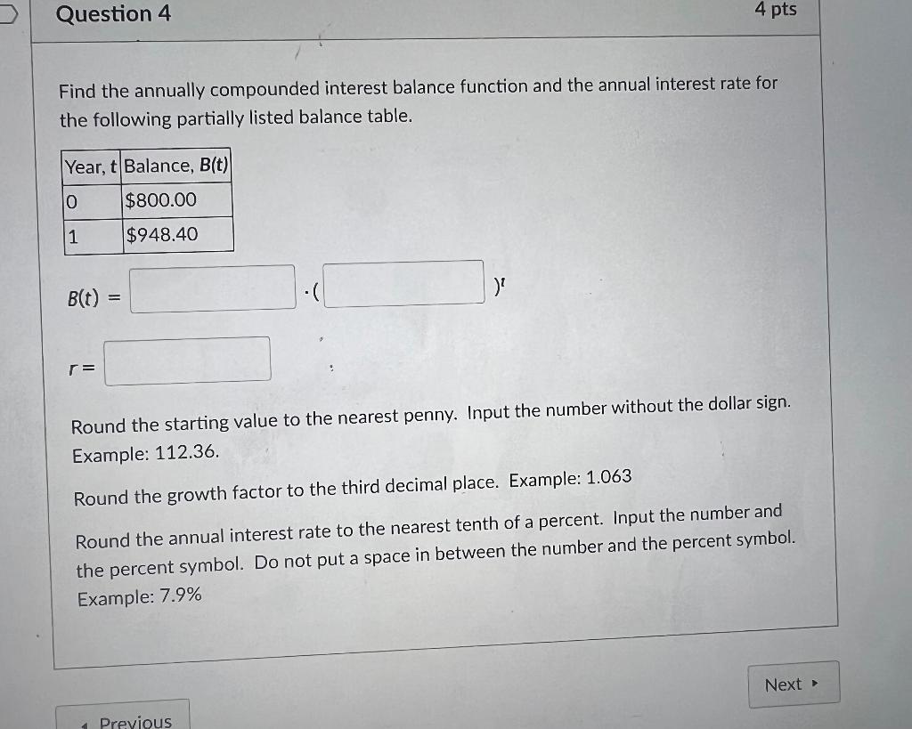 Find the annually compounded interest balance function and the annual interest