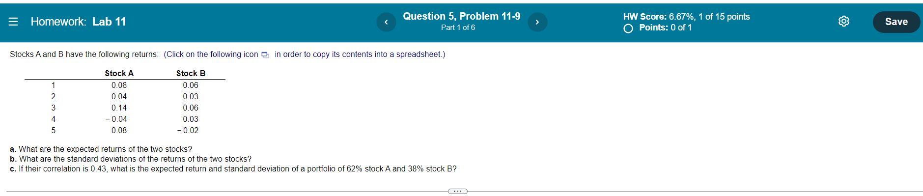  = Homework: Lab 11 Question 5, Problem 11-9 Part 1 of