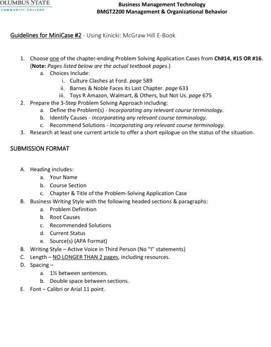  Guidelines for MiniCase #2 - Using Kinicki: McGraw Hill E-Book 1.