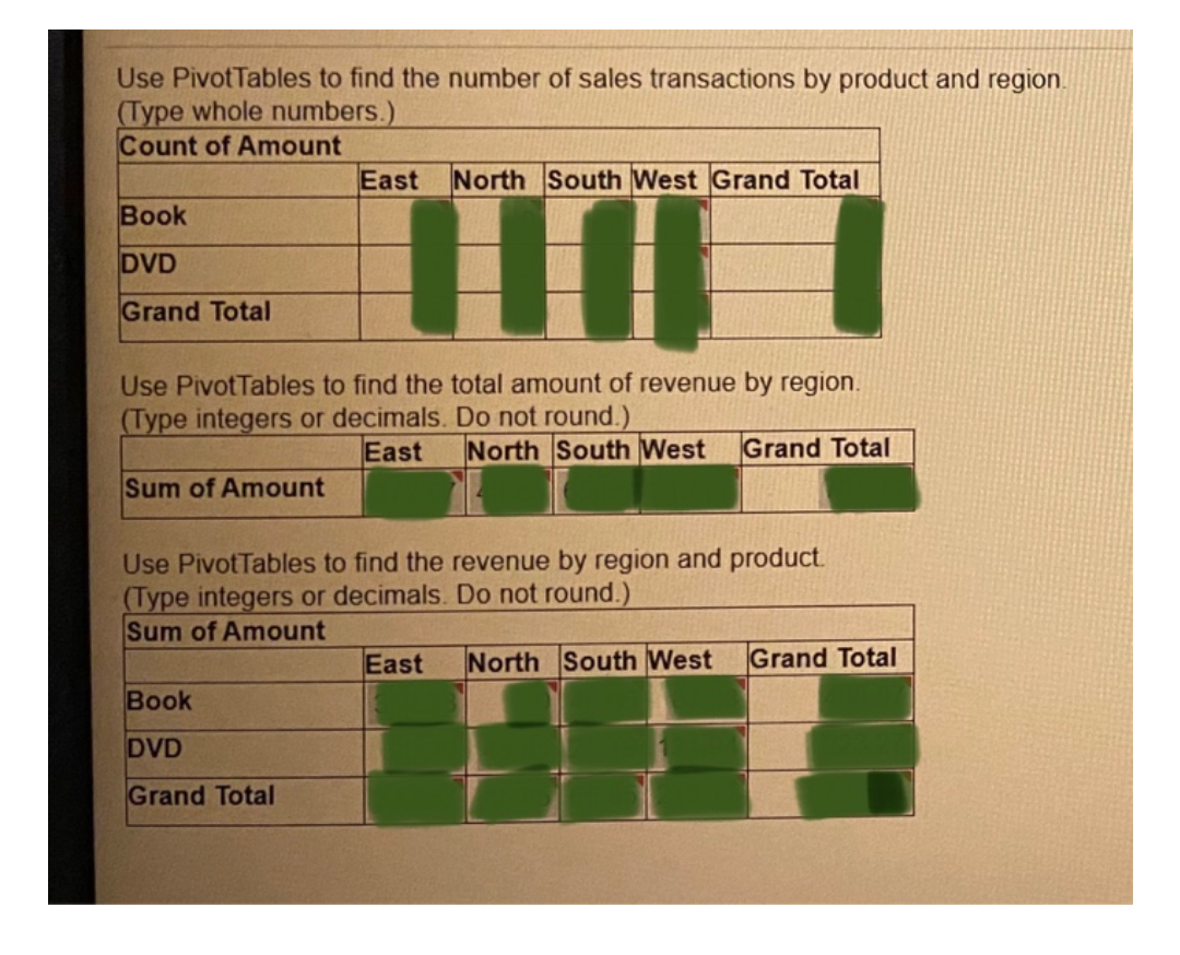 number of sales transactions by product and region. (Type whole numbers.) to