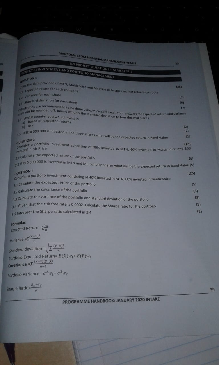 Question 1 using the data provided of MTN, Multichoice and Mr Price