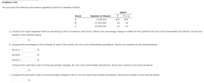 a sample of stocks, PRICE Stock Number of Shares T T +