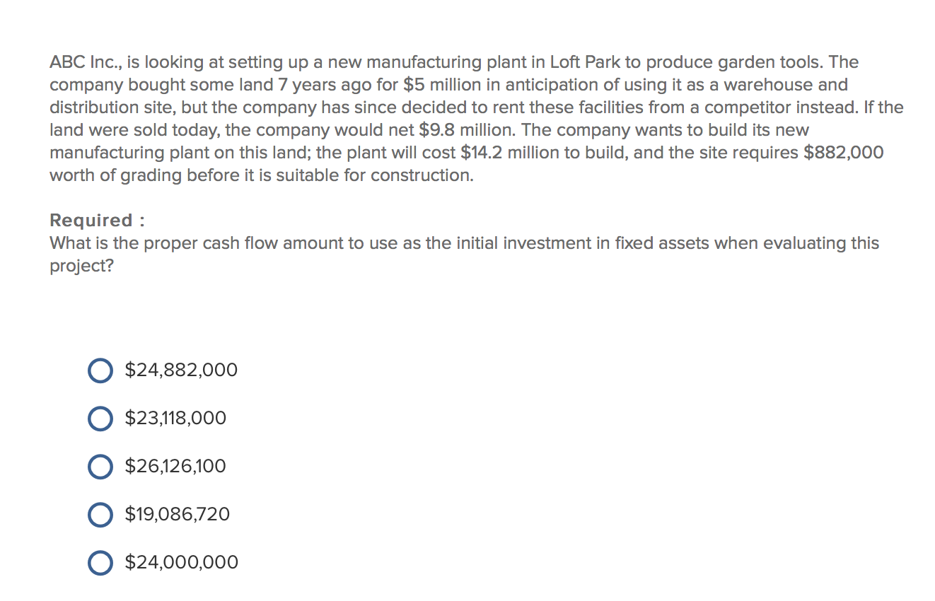 ABC Inc., is looking at setting up a new manufacturing plant