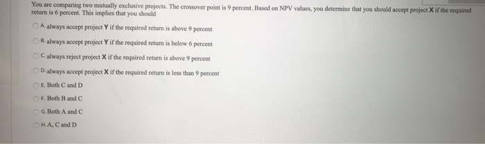  You are comparing two mutually exclusive projects. The crossover point is