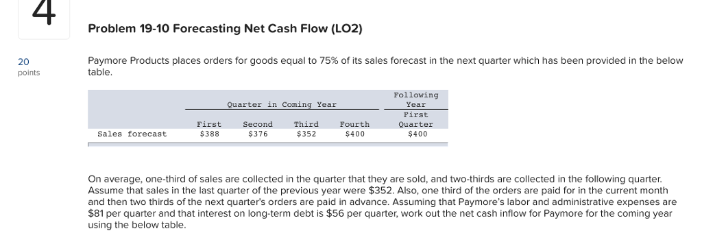 4 Problem 19-10 Forecasting Net Cash Flow (LO2) 20 points Paymore