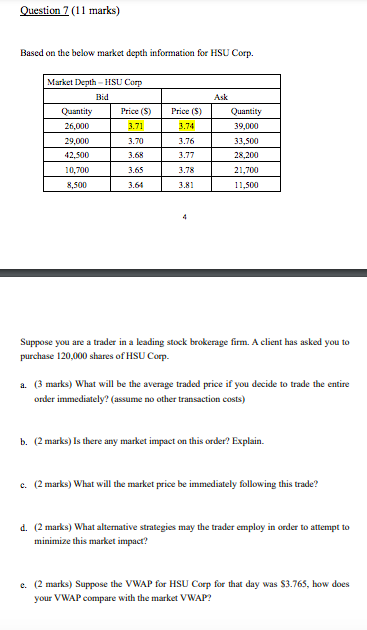  Question 7 (11 marks) Based on the below market depth information