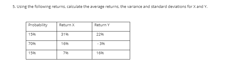 5. Using the following returns, calculate the average returns, the variance