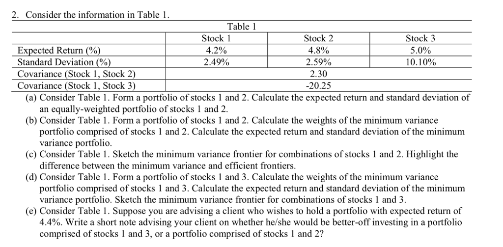 2. Consider the information in Table 1 Table 1 Expected Return