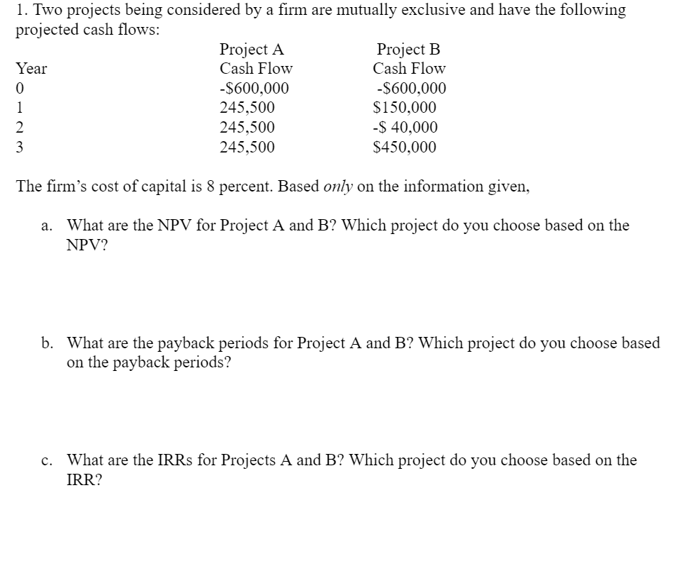  1. Two projects being considered by a firm are mutually exclusive