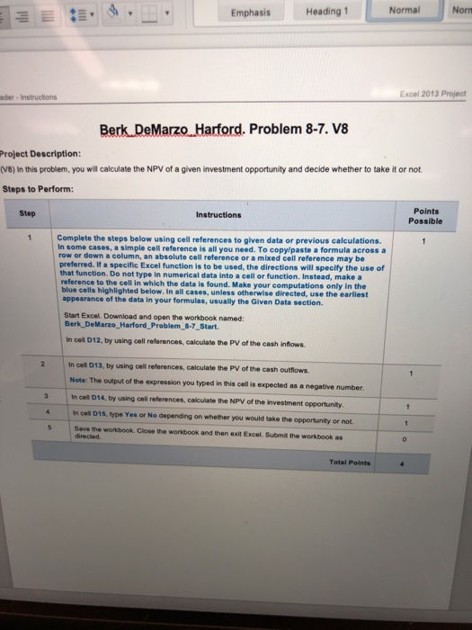  Emphasis Heading 1 Normal Norm Excel 2013 Project ader Instructions Berk.DeMarzo.Harford.