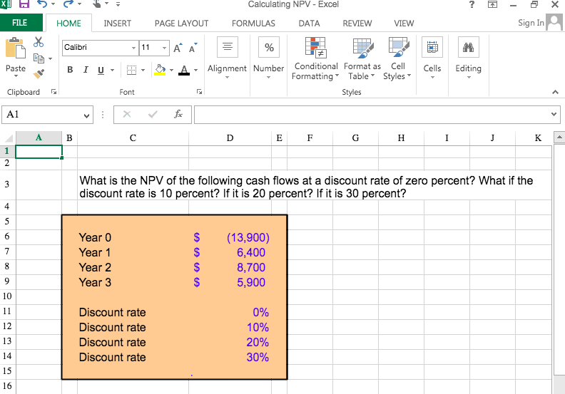 Using Excel. Please remember to include formulas. X H Calculating NPV -