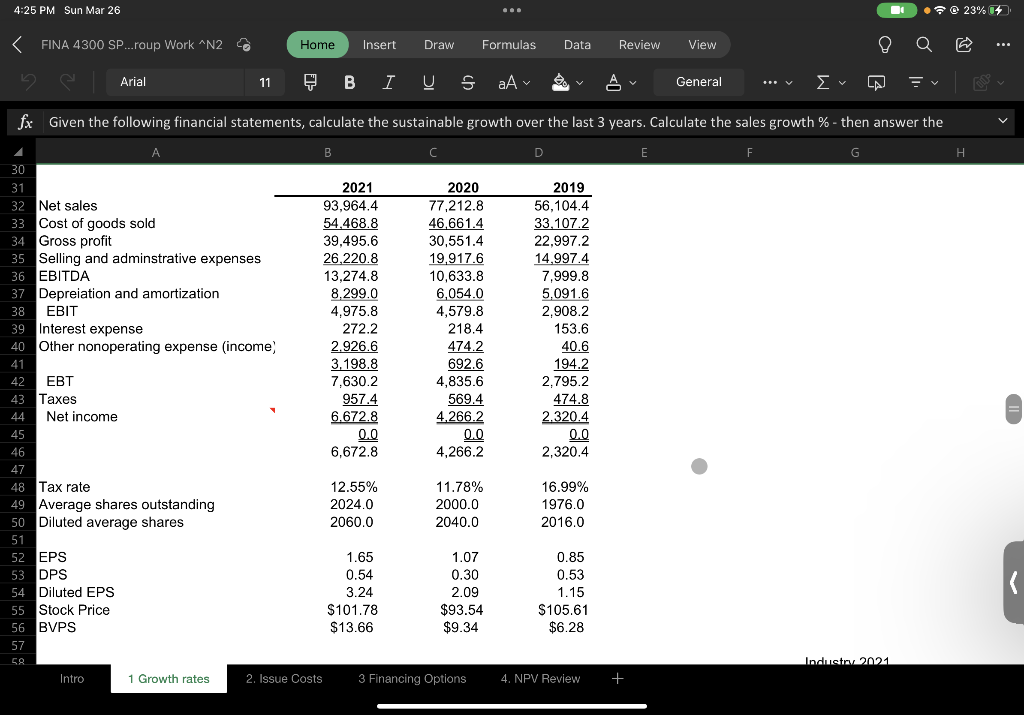 Review View fx Given the following financial statements, calculate the sustainable growth