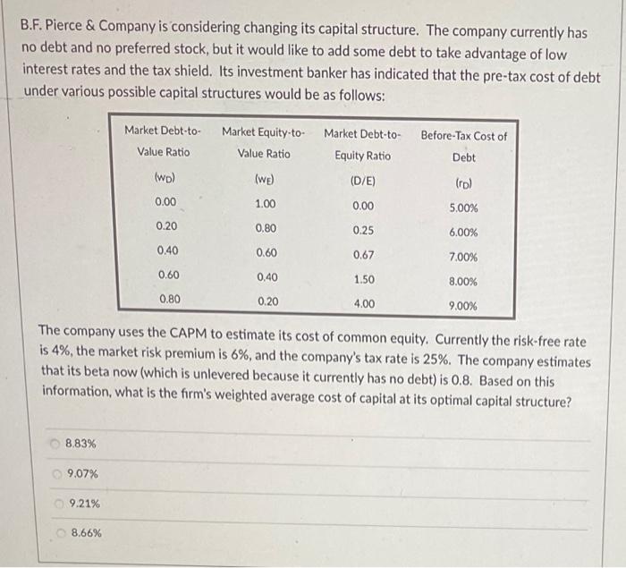  B.F. Pierce & Company is considering changing its capital structure. The