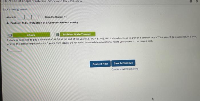  O x Ch 09: End-of-Chapter Problems - Stocks and Their Valuation