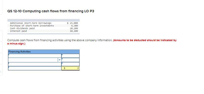  QS 12-10 Computing cash flows from financing LO P3 Additional short-term