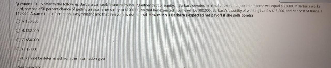 issuing either debt or equity. If Barbara devotes minimal effort to her