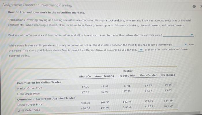  Assignment: Chapter 11 Investment Planning How do transactions work in the