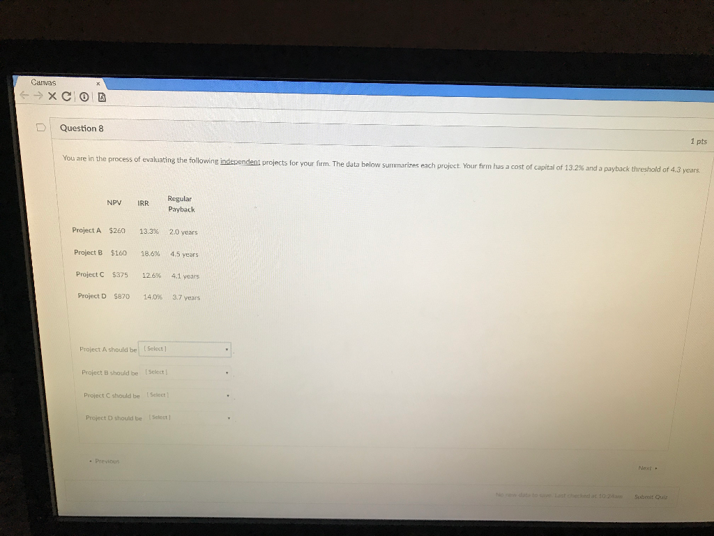Should each project be accepted or rejected? Carwas - XC OD Question
