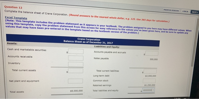  PRINTER VERSION RACK NEXT Question 12 Complete the balance sheet of