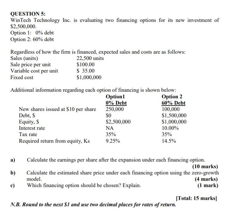  QUESTION 5: WinTech Technology Inc. is evaluating two financing options for