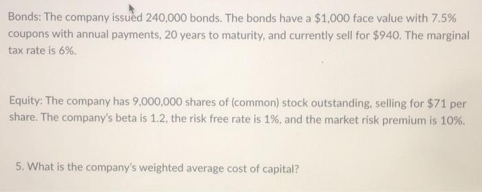 Equity: The company has 9,000,000 shares of (common) stock outstanding, selling for