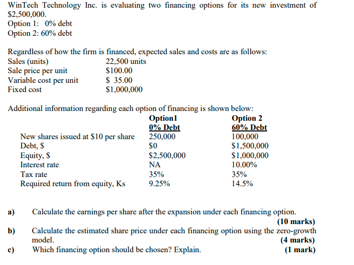  WinTech Technology Inc. is evaluating two financing options for its new
