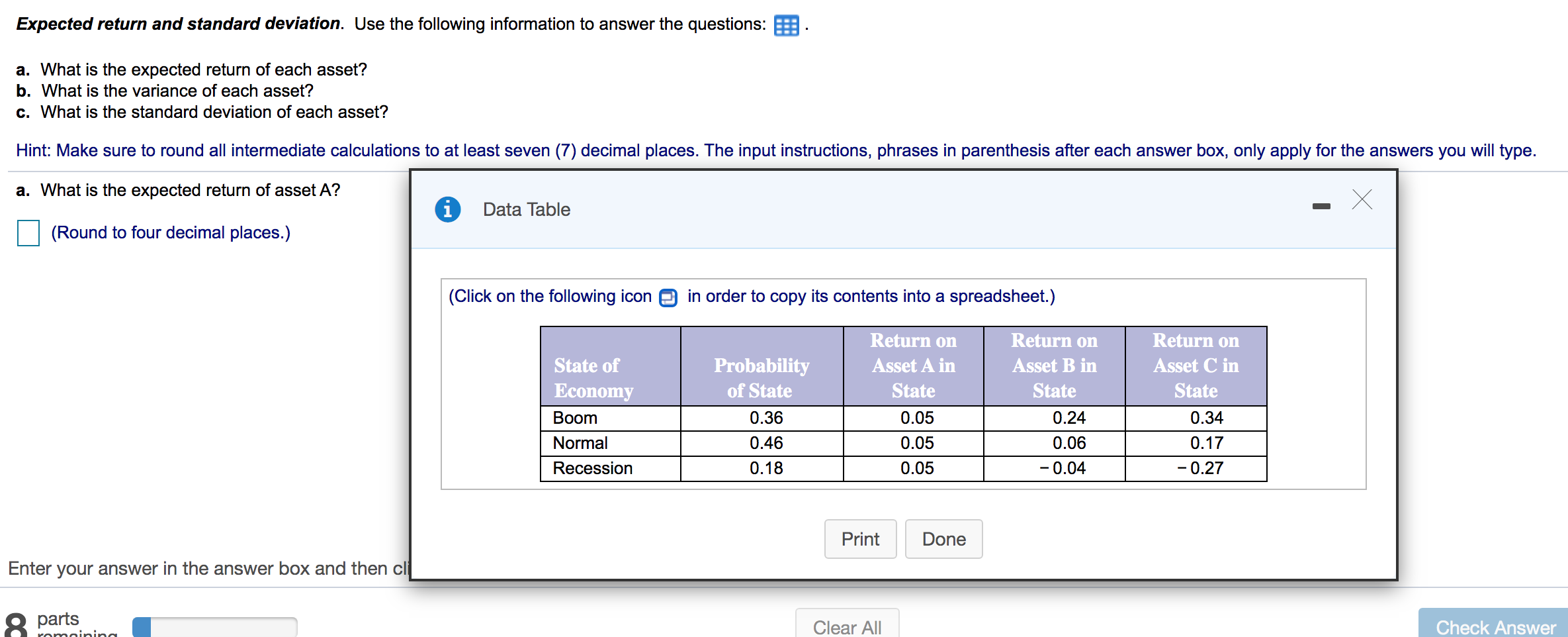  Expected return and standard deviation. Use the following information to answer