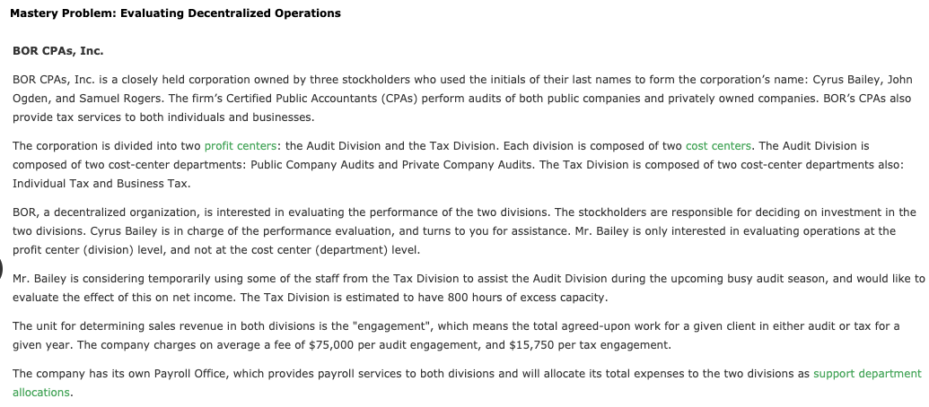 Mastery Problem: Evaluating Decentralized Operations BOR CPAs, Inc. BOR CPAs, Inc.