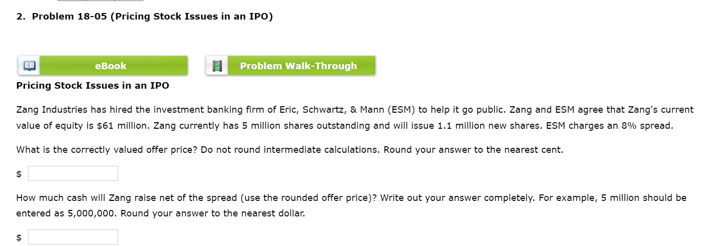 2. Problem 18-05 (Pricing Stock Issues in an IPO) El eBook