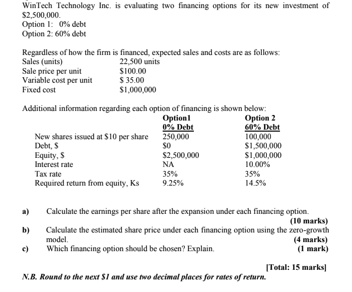  WinTech Technology Inc. is evaluating two financing options for its new
