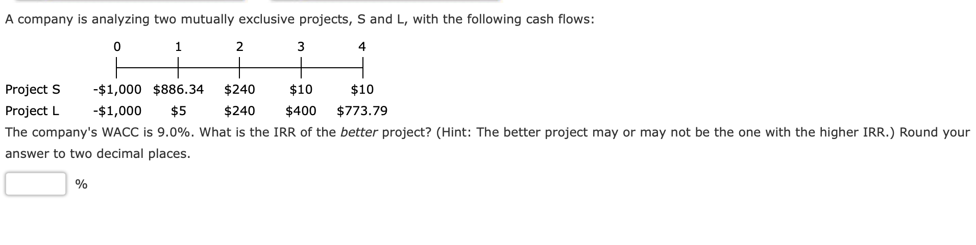  A company is analyzing two mutually exclusive projects, S and L,